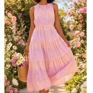 Charter Club Ombre Gingham Midi Dress Pink Blue Yellow Tiered Picniccore M